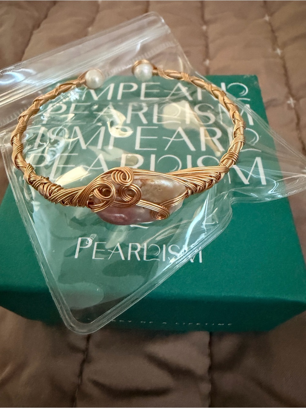 Gold Wire-Wrapped Pearl Bangle Bracelet - Pink/White Pearl